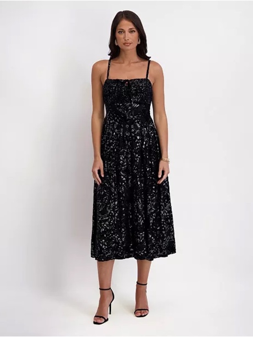 KENSIE Black Velvet Floral Midi Dress with Spaghetti Straps SIZE 4
